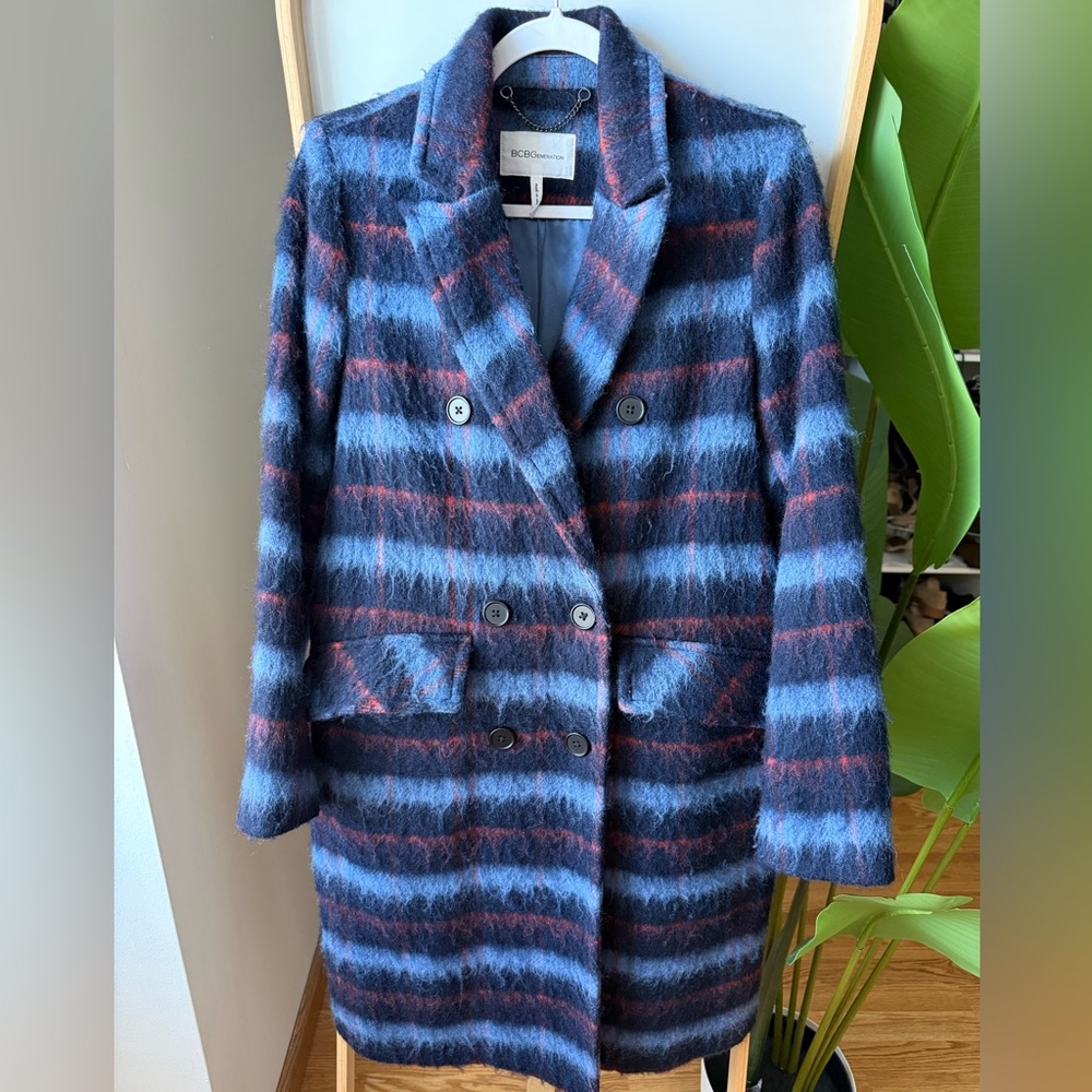 BCBGeneration Women's Blue and Red Striped Pea Coat